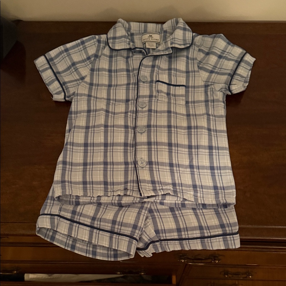 Petite Plume Boys Pajama Shorts Set- Seafarer Tartan- Size 3T